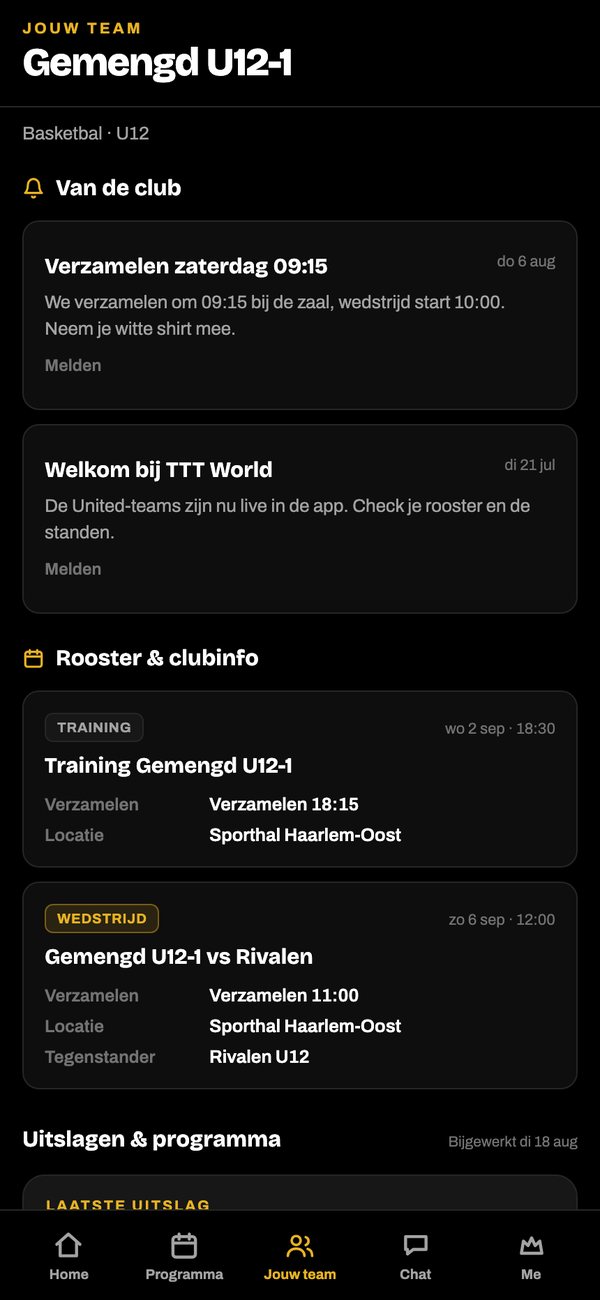 TTT World, teamscherm met rooster en clubinfo